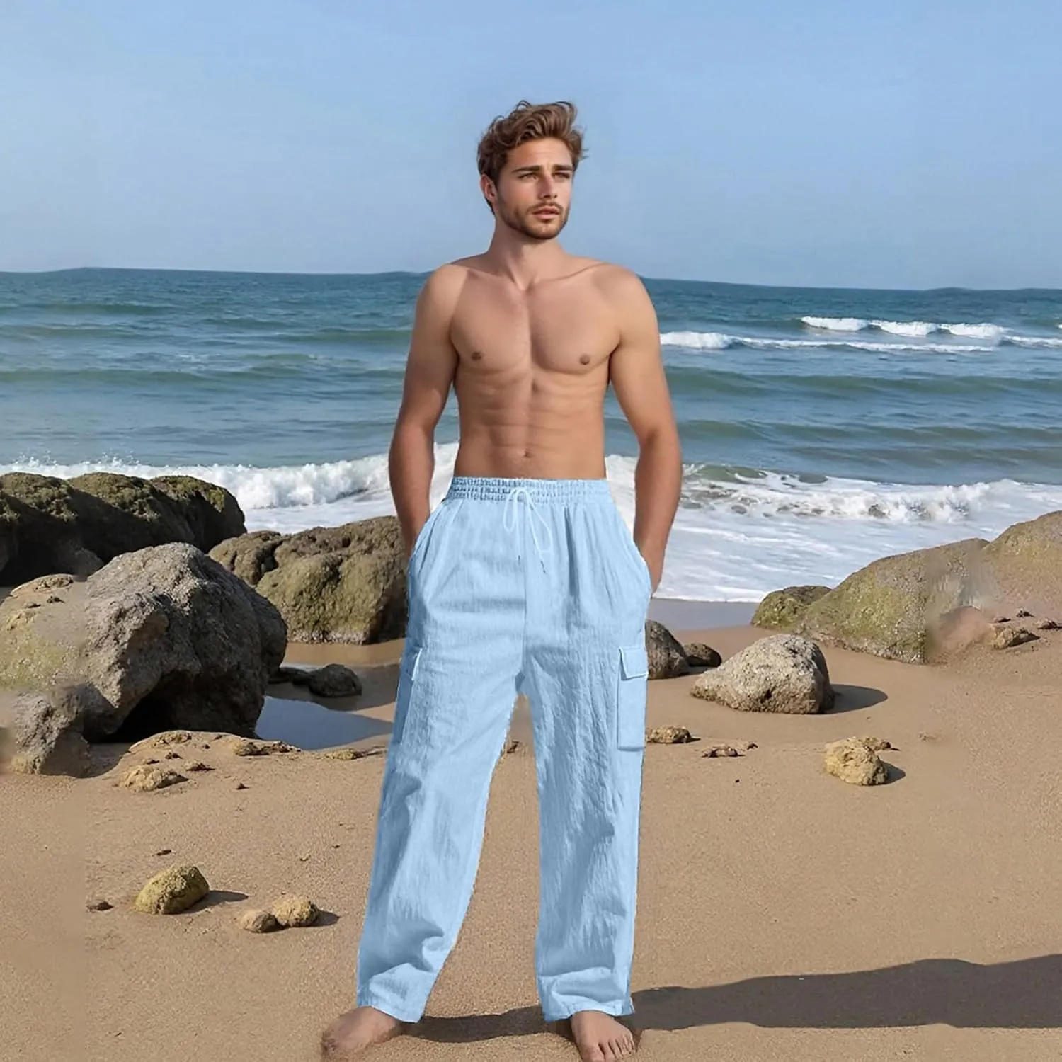 2025 Men's Linen Cargo Pants Multi-Pocket Loose Casual Wide Leg Pants