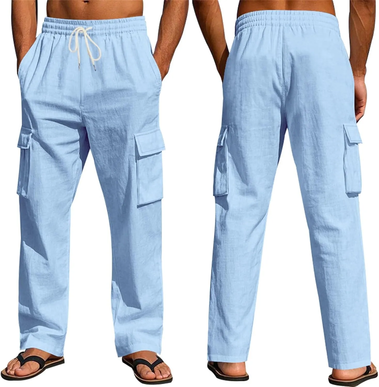 2025 Men's Linen Cargo Pants Multi-Pocket Loose Casual Wide Leg Pants