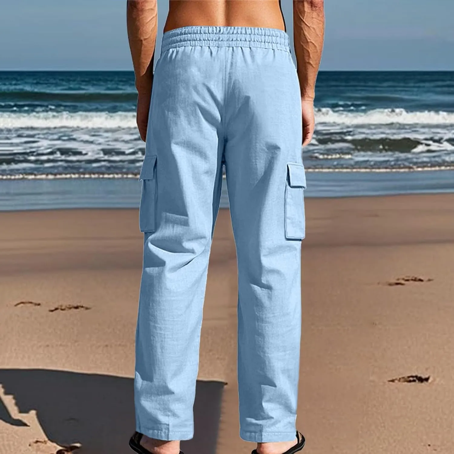 2025 Men's Linen Cargo Pants Multi-Pocket Loose Casual Wide Leg Pants