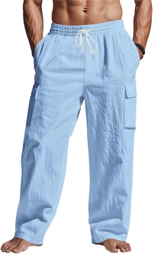 2025 Men's Linen Cargo Pants Multi-Pocket Loose Casual Wide Leg Pants