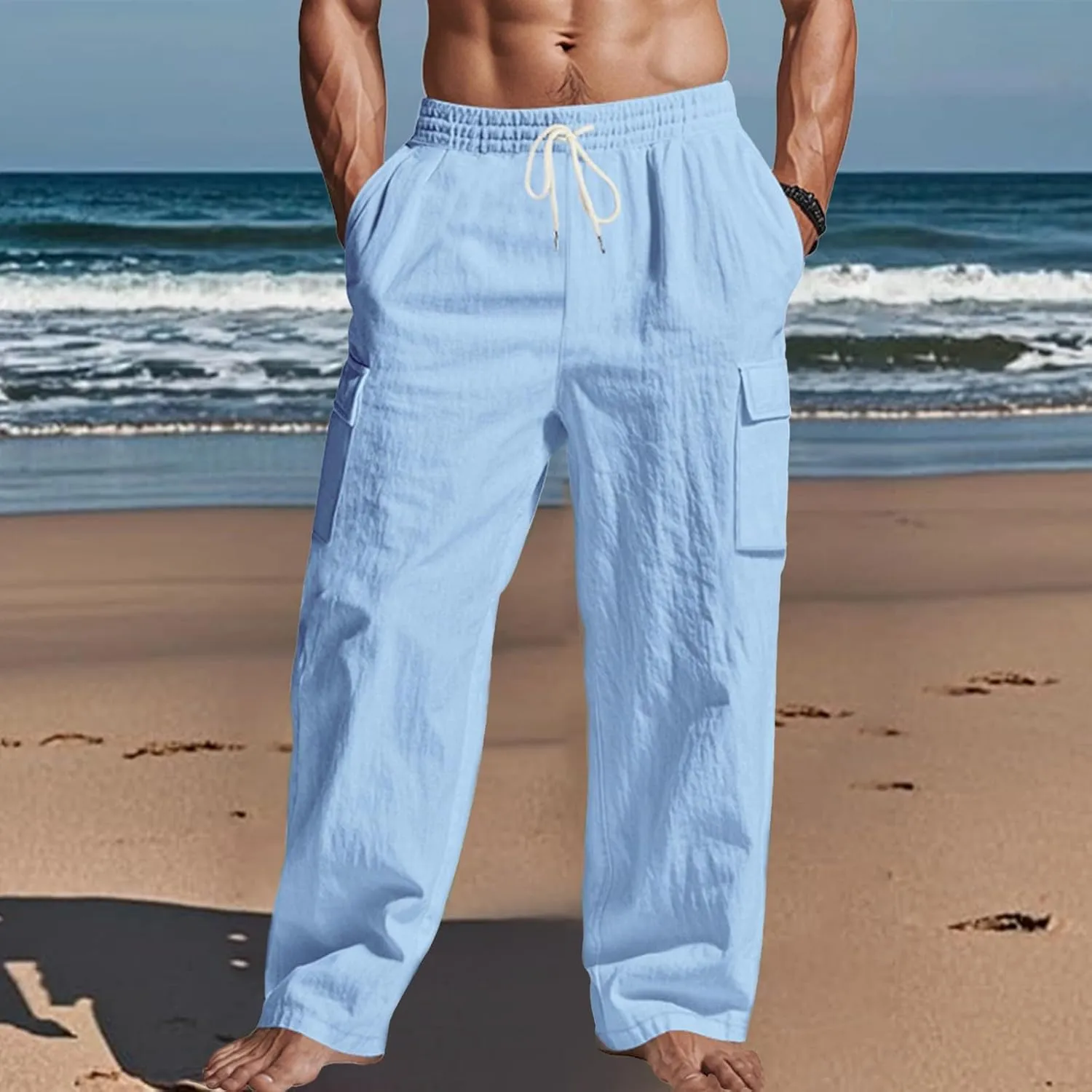 2025 Men's Linen Cargo Pants Multi-Pocket Loose Casual Wide Leg Pants