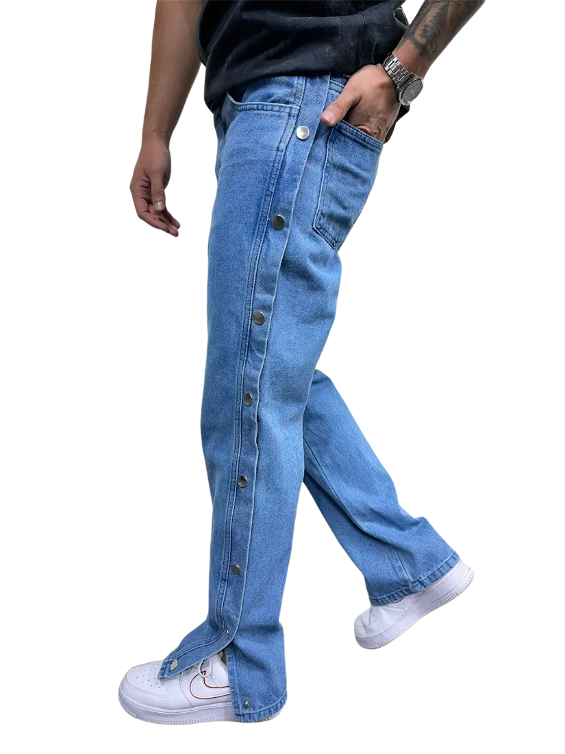Adres Tekstil Men's Blue Jeans Side Buttons Loose-Fit Luxury Style