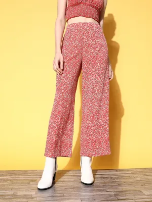 Berrylush Women Red & White Floral Printed Loose Fit High-Rise Waist Relaxed Trousers