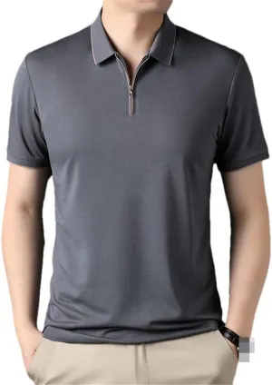 Bollrllr Mulberry Silk Golf Men's Polo Shirts Solid Short Sleeve Zipper Male T-Shirts Cotton Man Tees