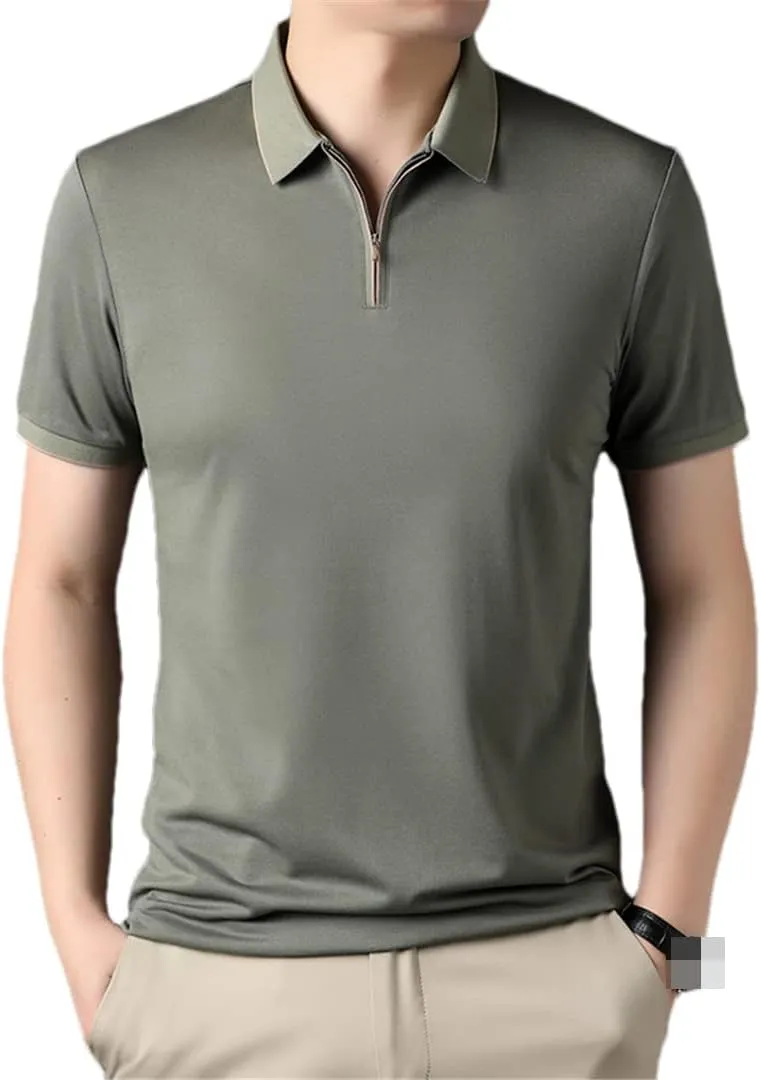 Bollrllr Mulberry Silk Golf Men's Polo Shirts Solid Short Sleeve Zipper Male T-Shirts Cotton Man Tees