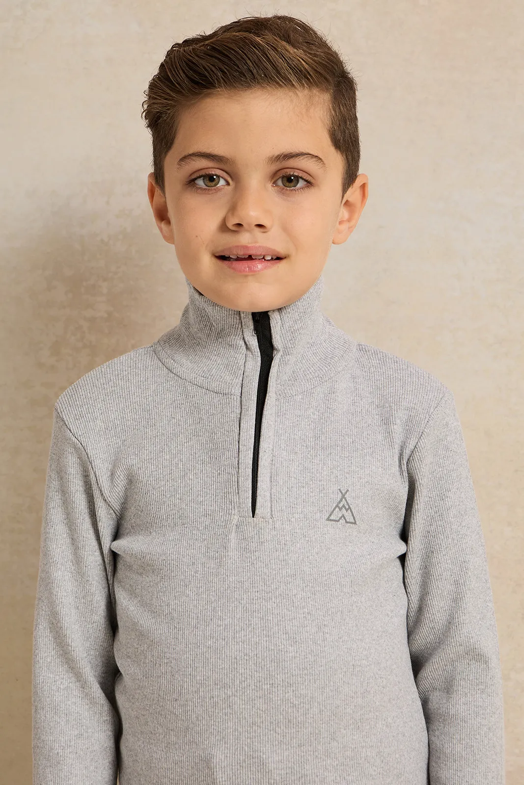 Boys Grey T-Shirt With Half Zip