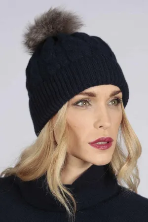 Cable Knit Wool Beanie with Real Fur Pom Pom
