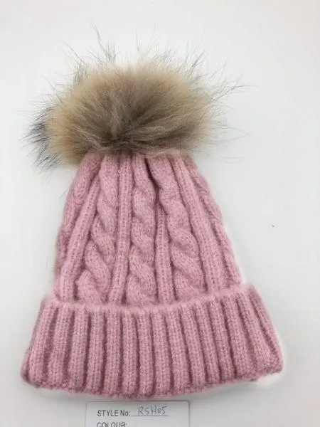 Cable Knit Wool Beanie with Real Fur Pom Pom
