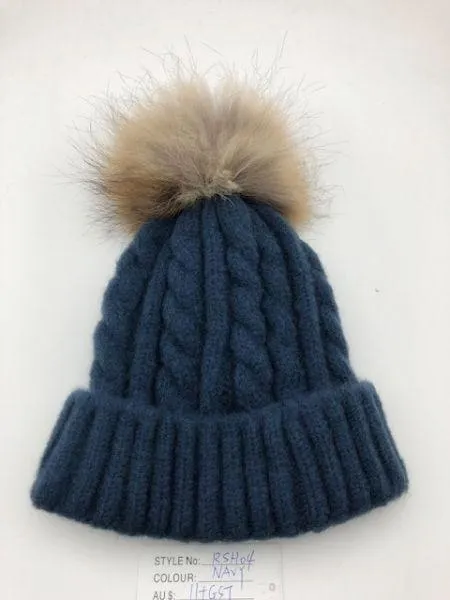 Cable Knit Wool Beanie with Real Fur Pom Pom