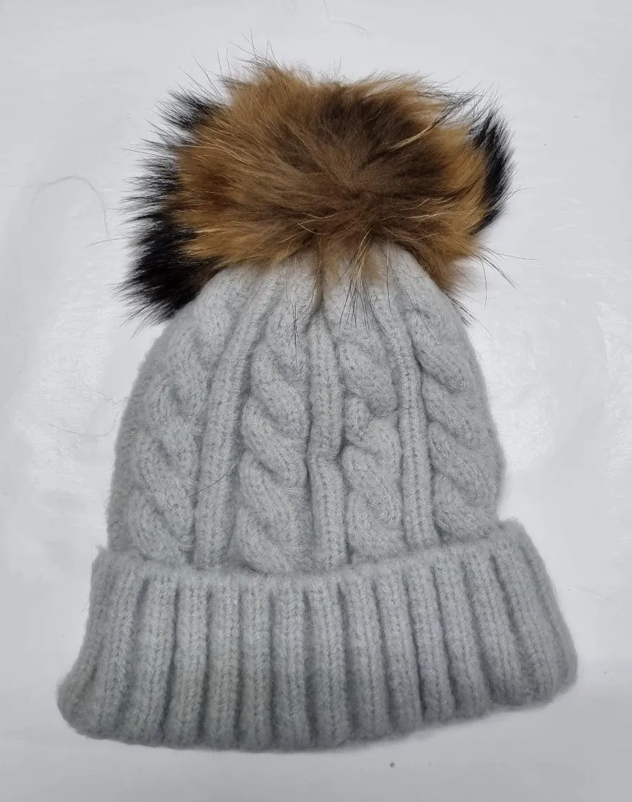 Cable Knit Wool Beanie with Real Fur Pom Pom