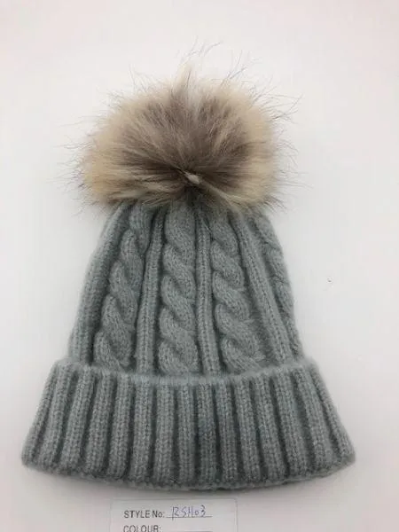 Cable Knit Wool Beanie with Real Fur Pom Pom
