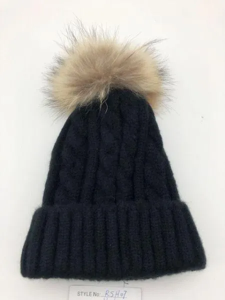 Cable Knit Wool Beanie with Real Fur Pom Pom