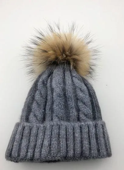 Cable Knit Wool Beanie with Real Fur Pom Pom