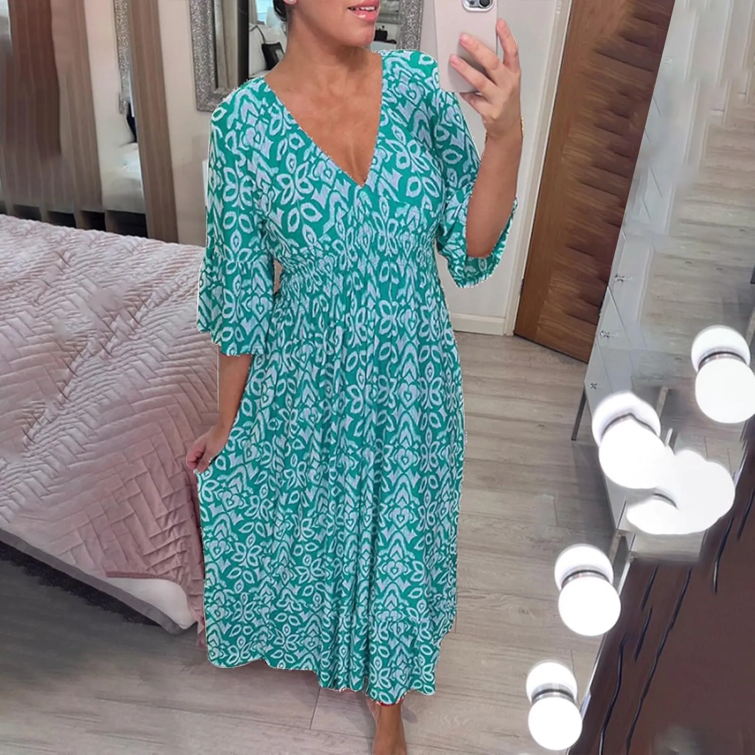 Casual Summer Dresses for Women 2025,Women's Print V-Neck Long Dress Plus Size Fashion Floral Printed Midi Boho Dress