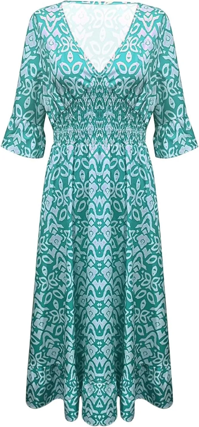 Casual Summer Dresses for Women 2025,Women's Print V-Neck Long Dress Plus Size Fashion Floral Printed Midi Boho Dress