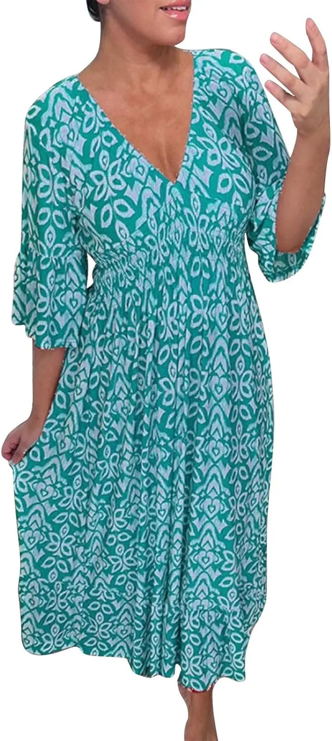 Casual Summer Dresses for Women 2025,Women's Print V-Neck Long Dress Plus Size Fashion Floral Printed Midi Boho Dress