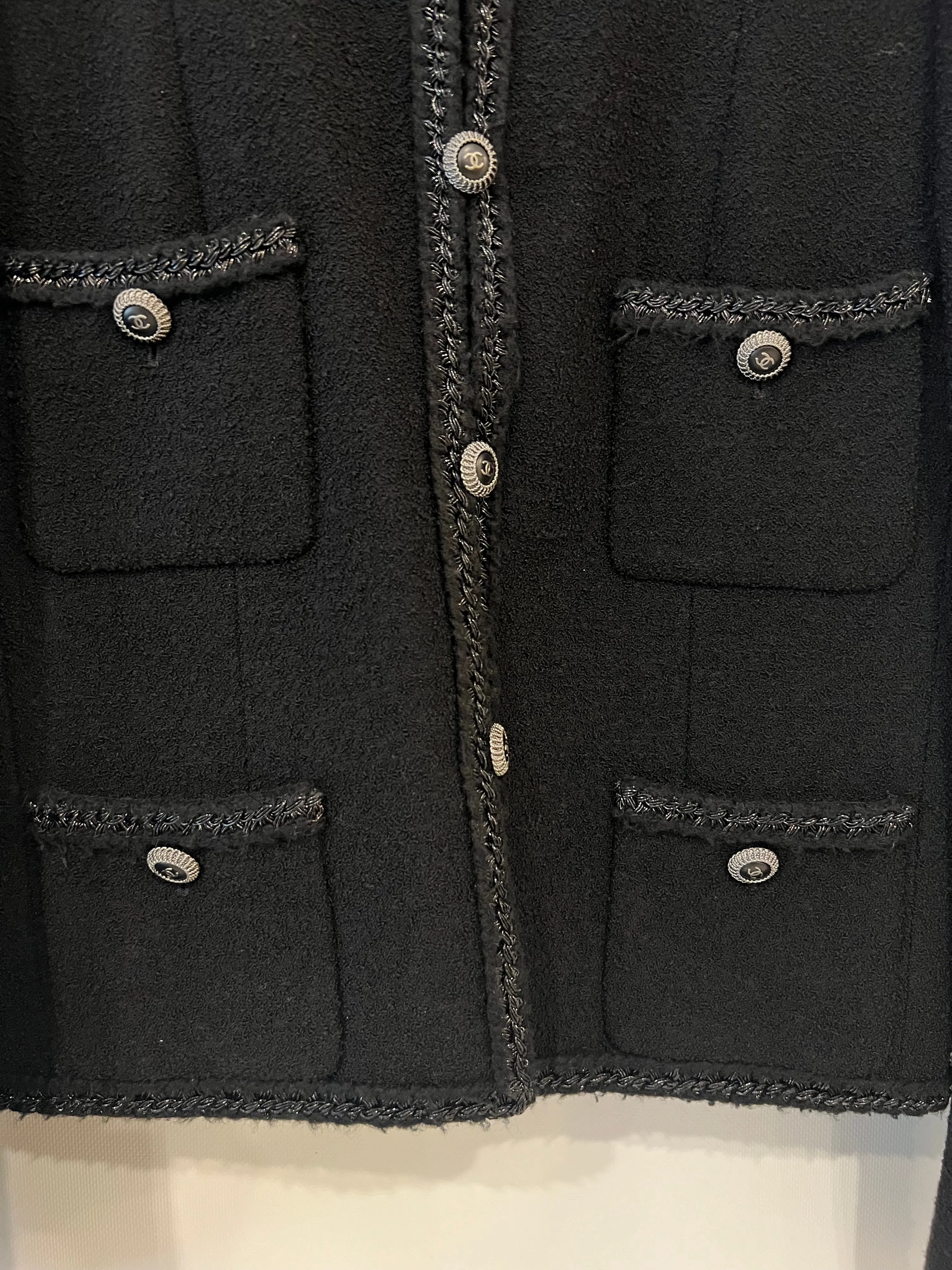 Chanel Black Tweed Jacket With Silver Cc Buttons And Pocket Details Size Fr 38 (uk 10)