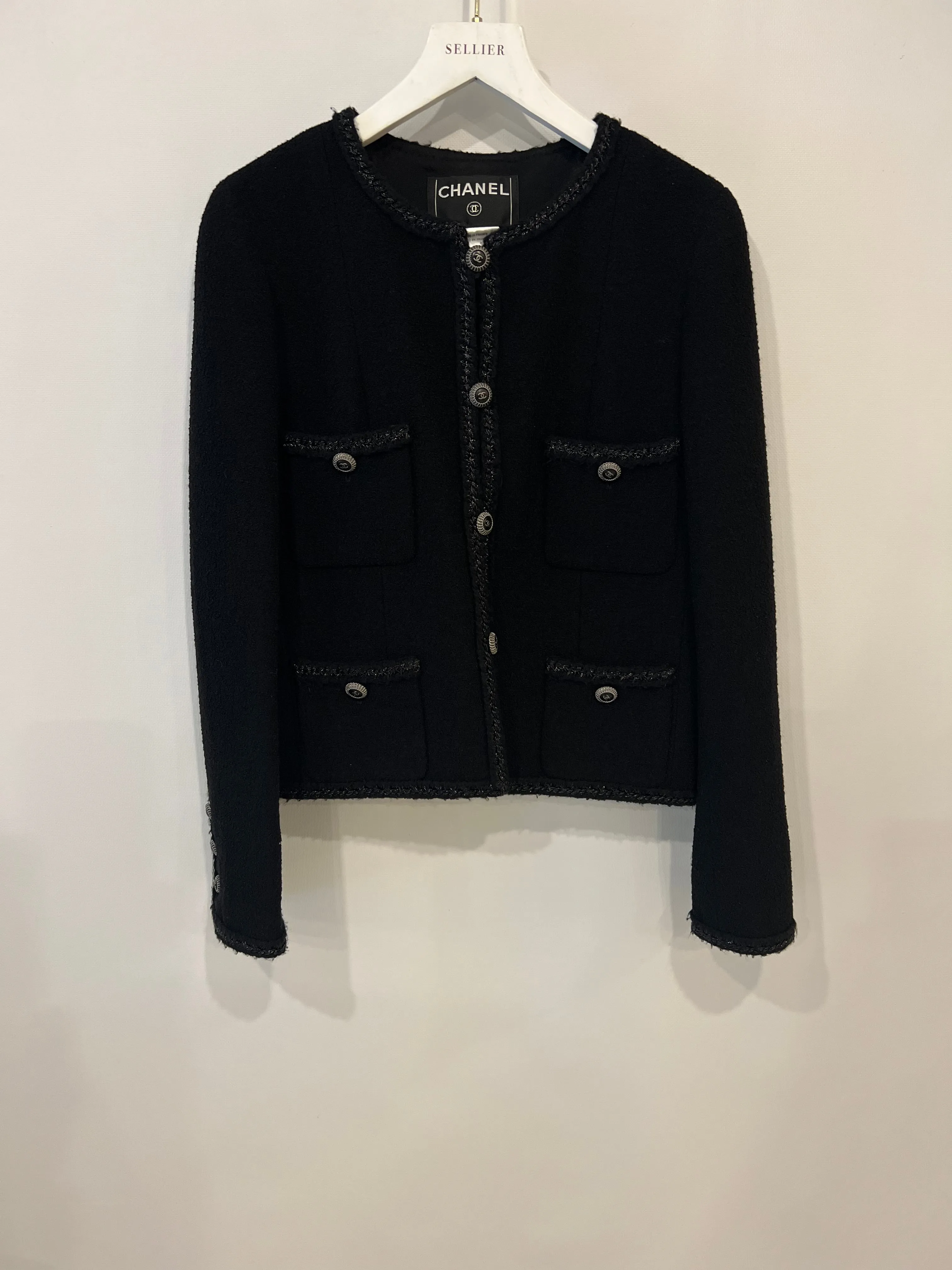 Chanel Black Tweed Jacket With Silver Cc Buttons And Pocket Details Size Fr 38 (uk 10)