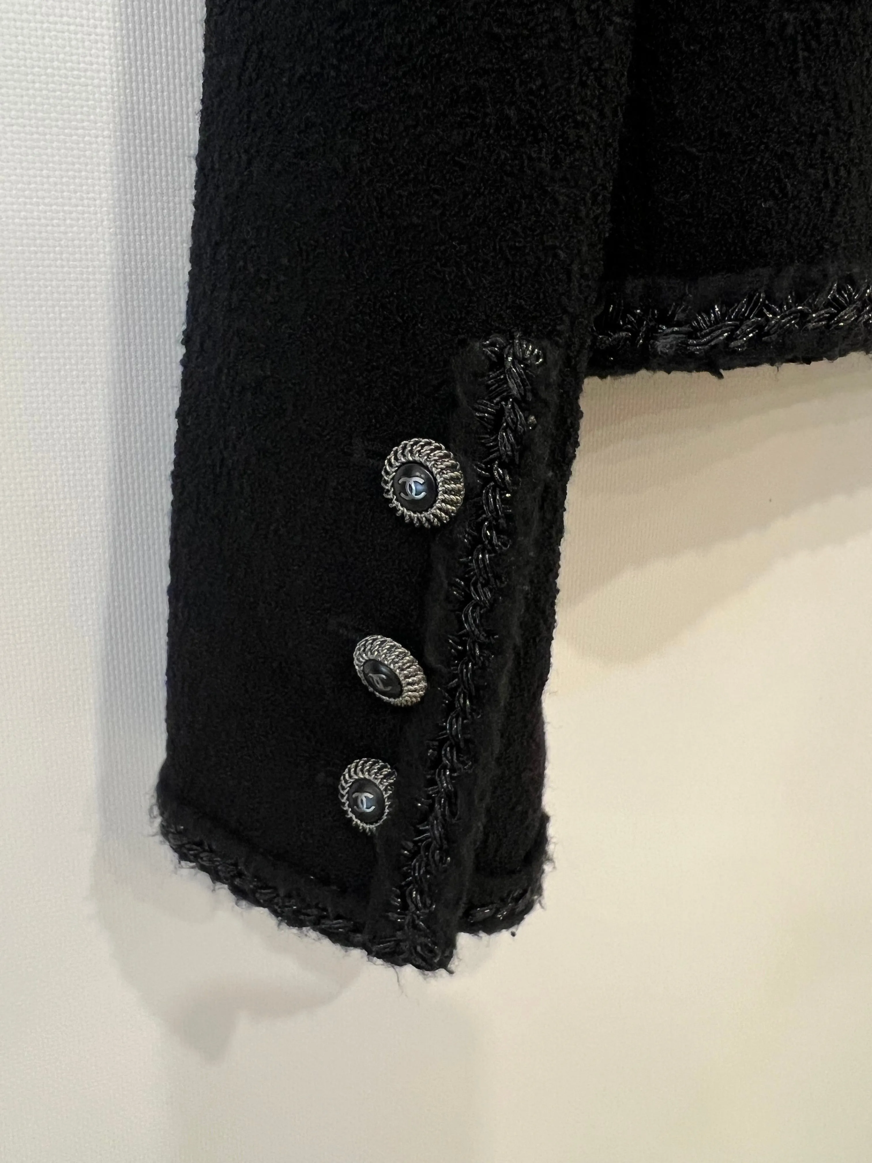 Chanel Black Tweed Jacket With Silver Cc Buttons And Pocket Details Size Fr 38 (uk 10)