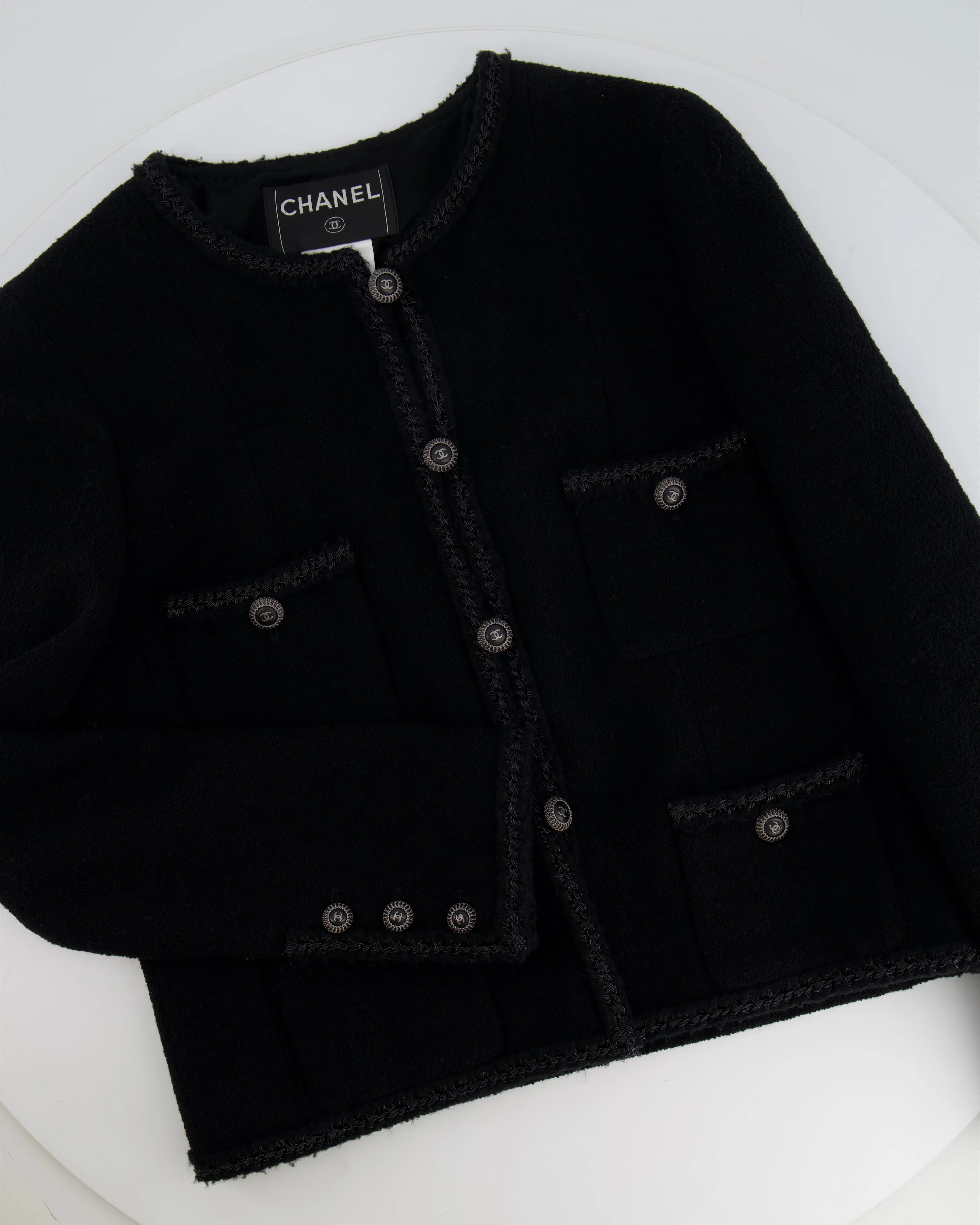 Chanel Black Tweed Jacket With Silver Cc Buttons And Pocket Details Size Fr 38 (uk 10)