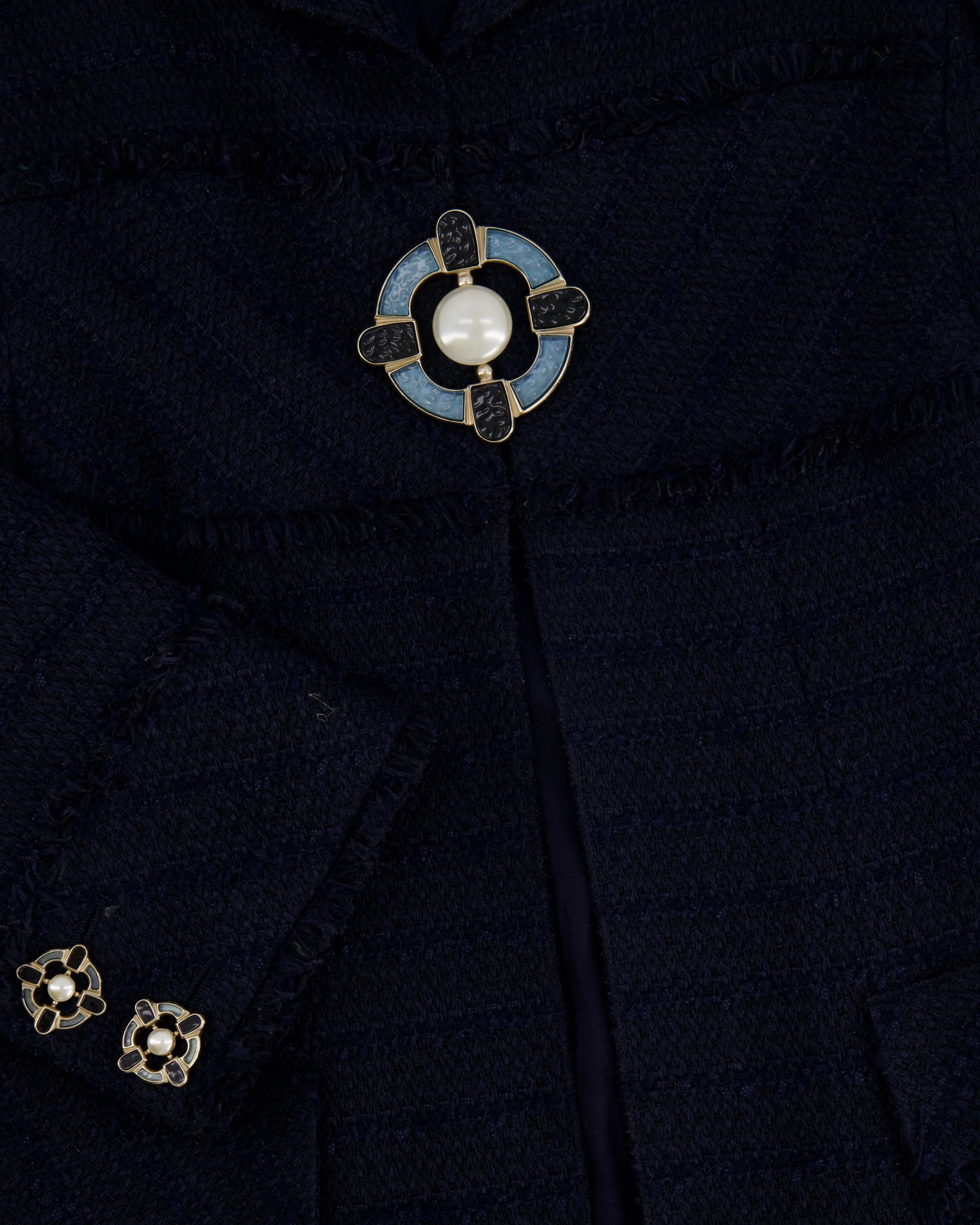 Chanel Paris Monte-carlo Navy Tweed Long Jacket With Gripoix Pearl Details Size Fr 38 (uk 10)