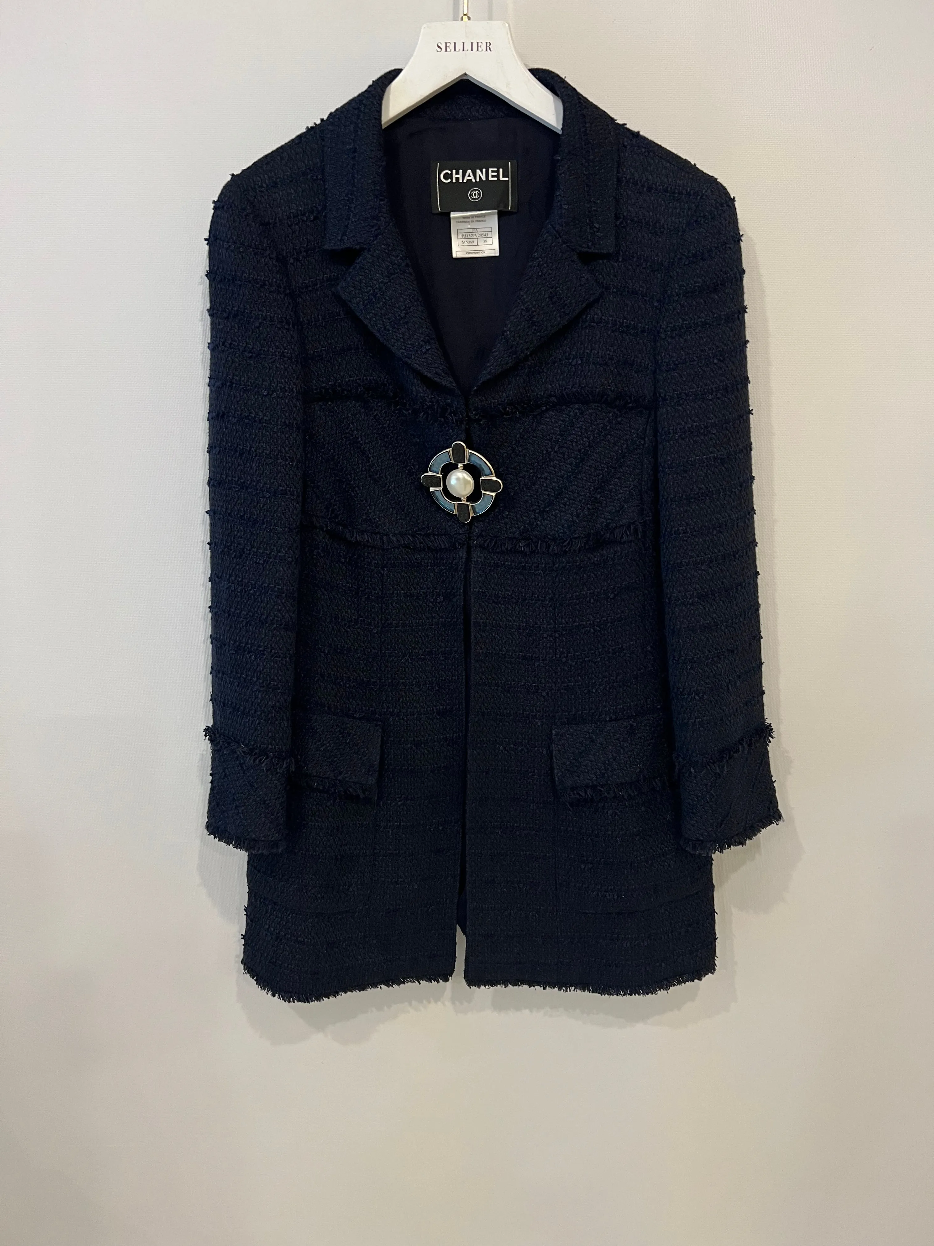 Chanel Paris Monte-carlo Navy Tweed Long Jacket With Gripoix Pearl Details Size Fr 38 (uk 10)