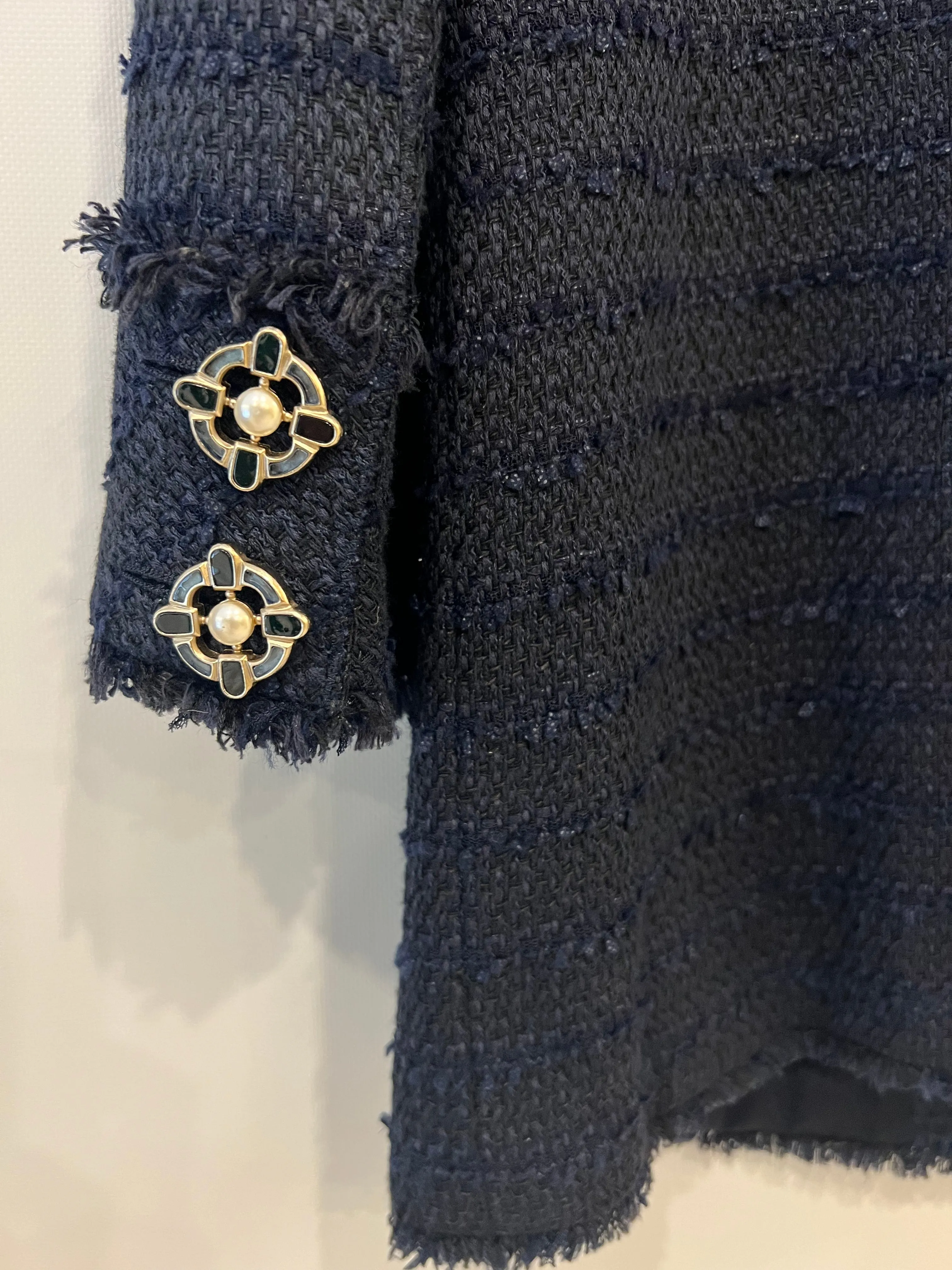 Chanel Paris Monte-carlo Navy Tweed Long Jacket With Gripoix Pearl Details Size Fr 38 (uk 10)