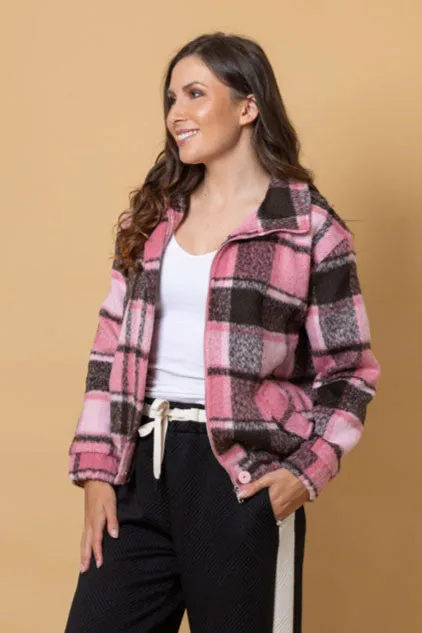 Charlo Saskia Bomber Jacket Pink Brown Tartan