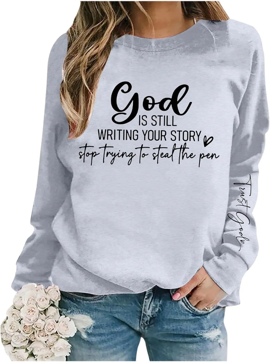Christian Sweatshirts For Women God Is Still Writing Your Story Letter Graphic Crewneck Long Sleeve Sweatshirt