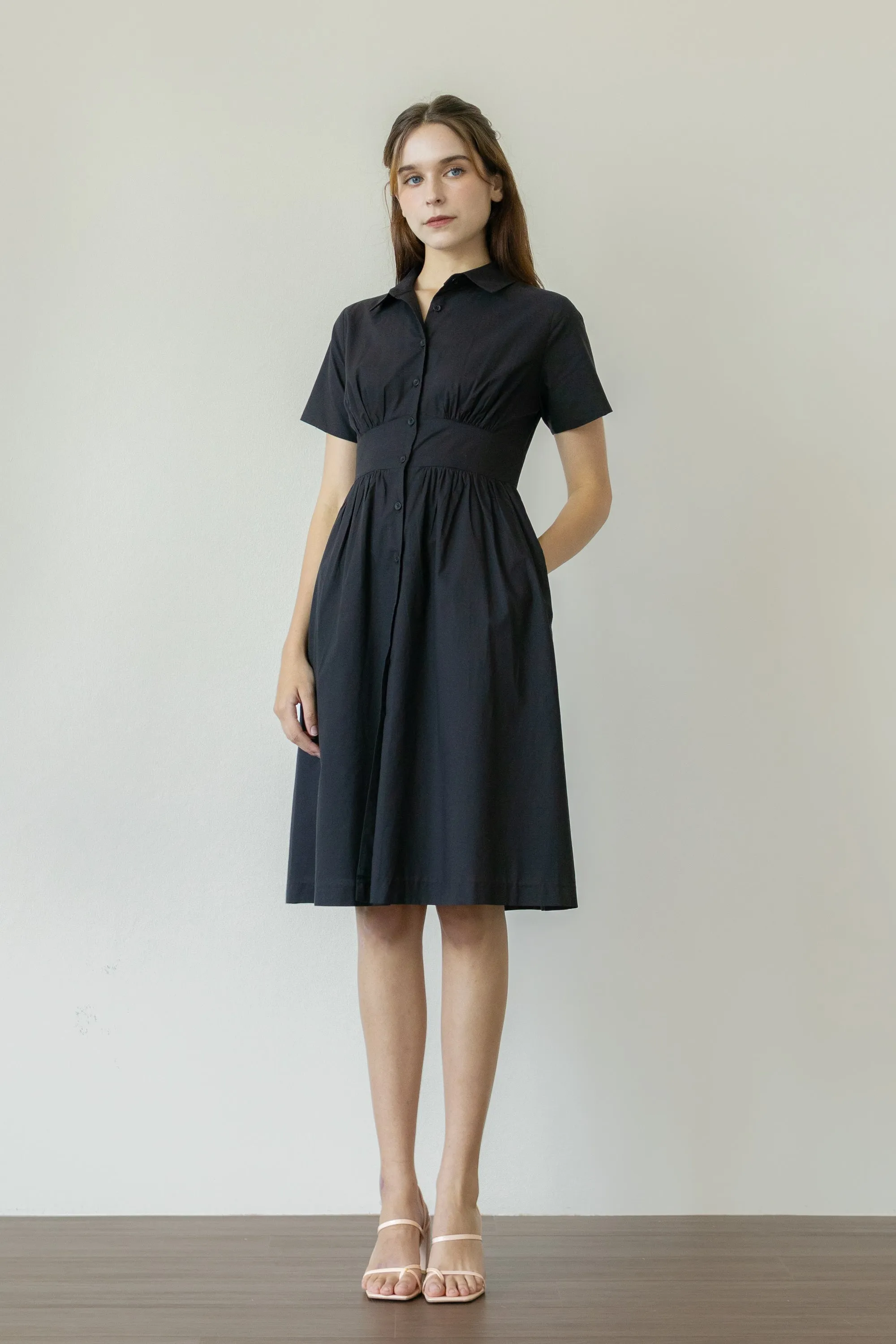 Classic Shirt Dress with Bust Detail - Black