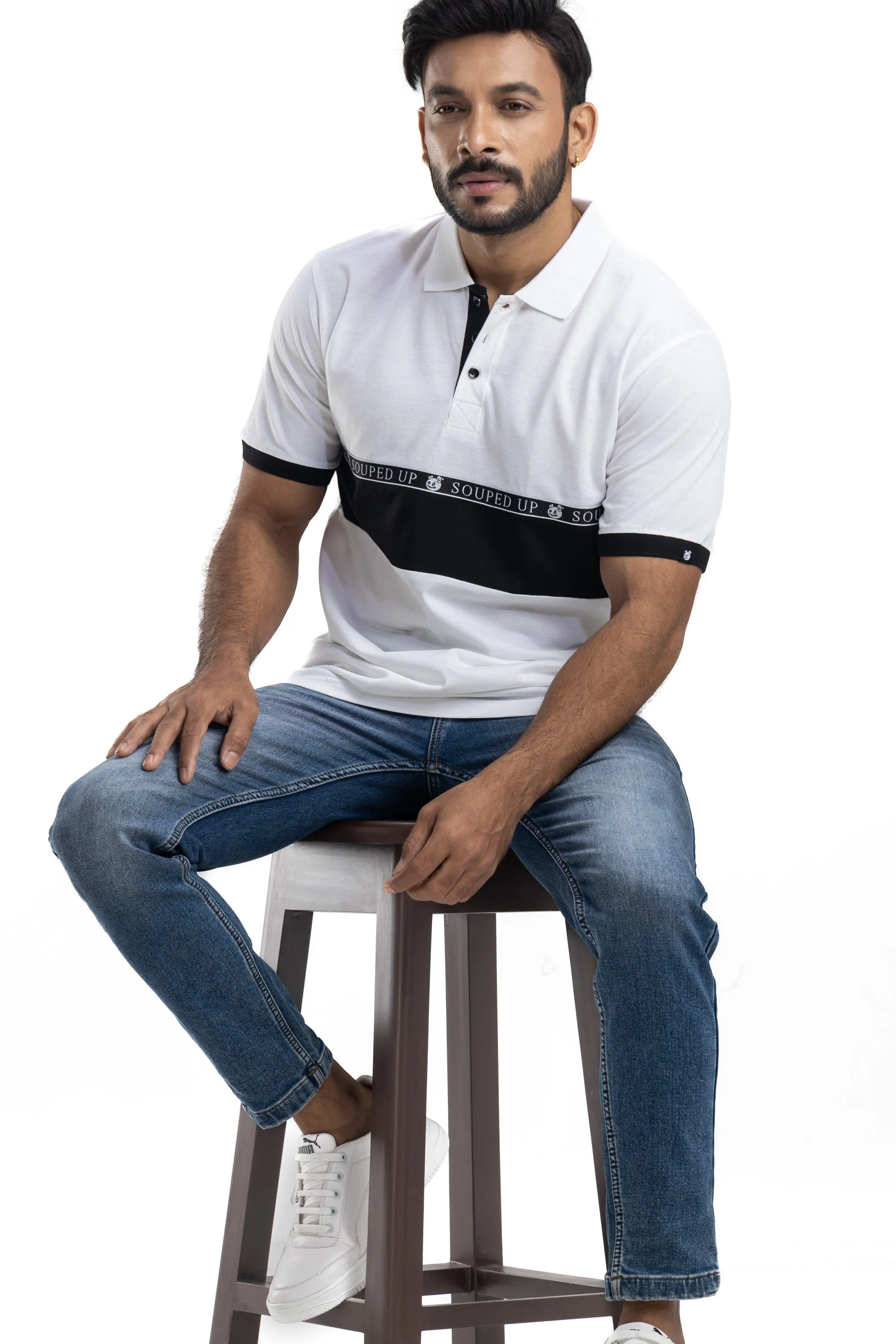 Cut & Sew White Half Sleeves Cotton Polo T-Shirt