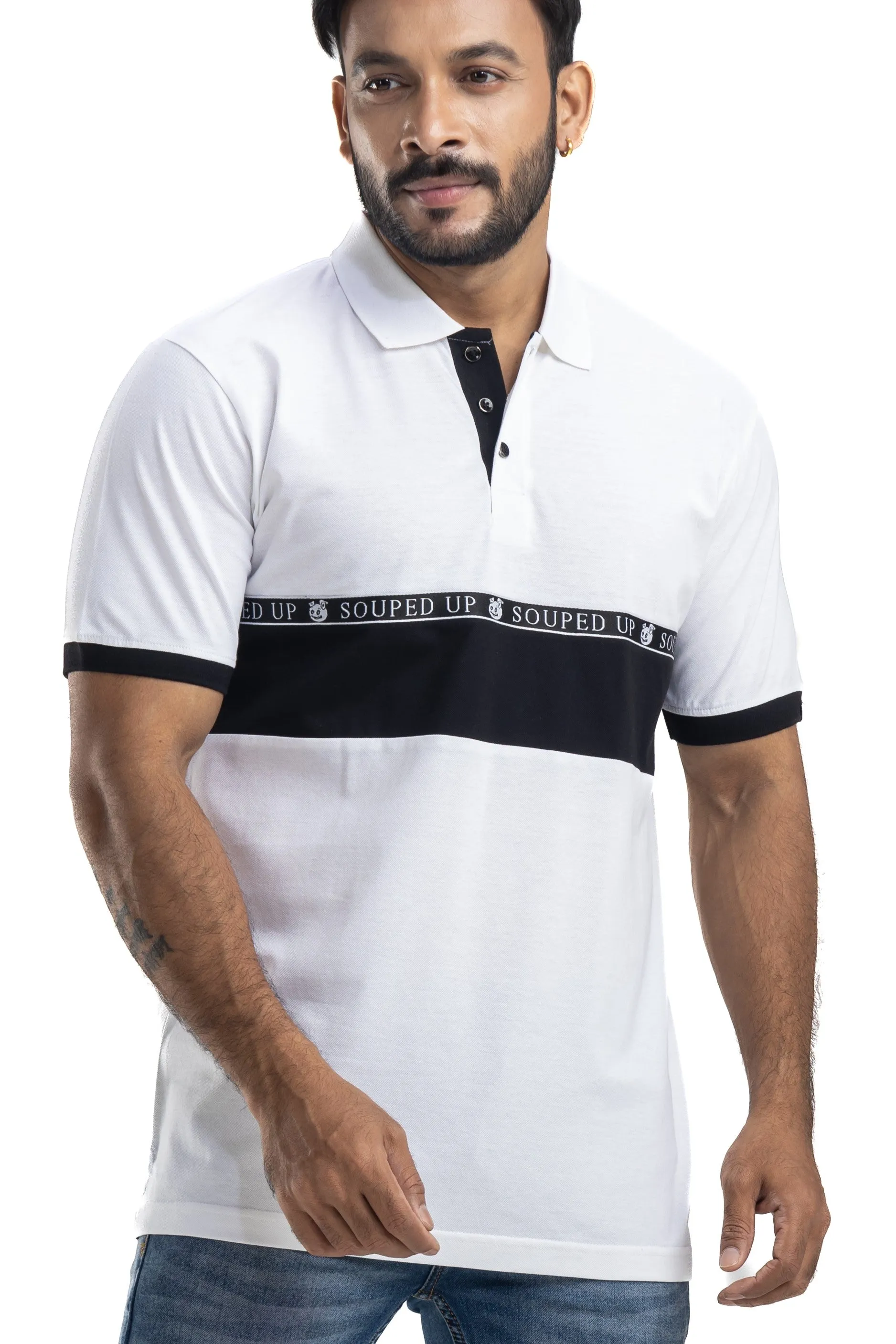 Cut & Sew White Half Sleeves Cotton Polo T-Shirt
