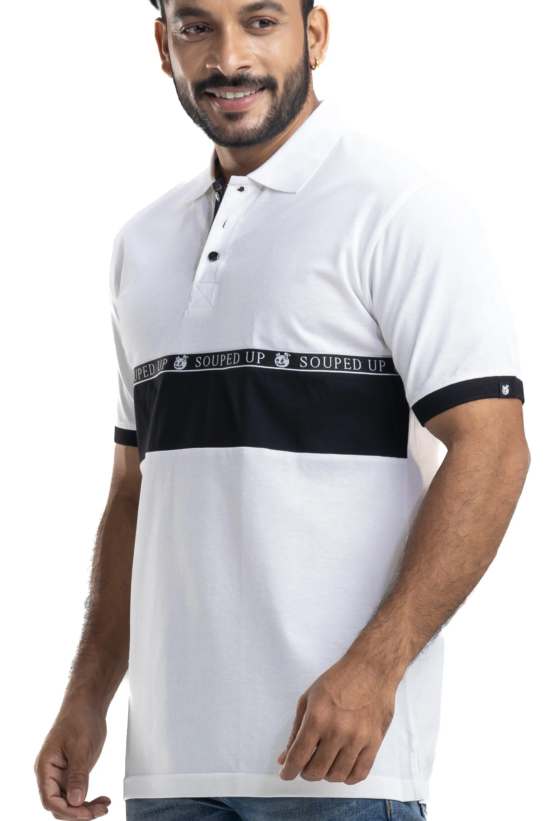 Cut & Sew White Half Sleeves Cotton Polo T-Shirt