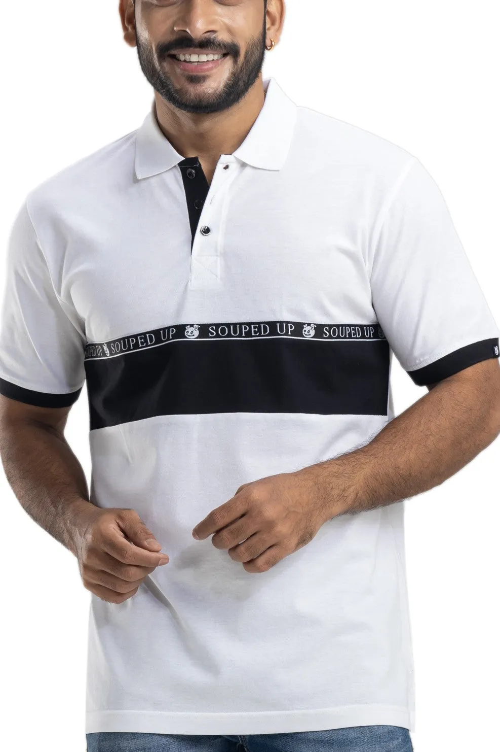 Cut & Sew White Half Sleeves Cotton Polo T-Shirt