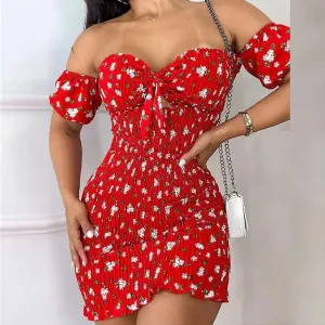 Elastic Hollow Mini Chic Short Sexy Summer Short Sleeve Off Shoulder Floral Print Dress