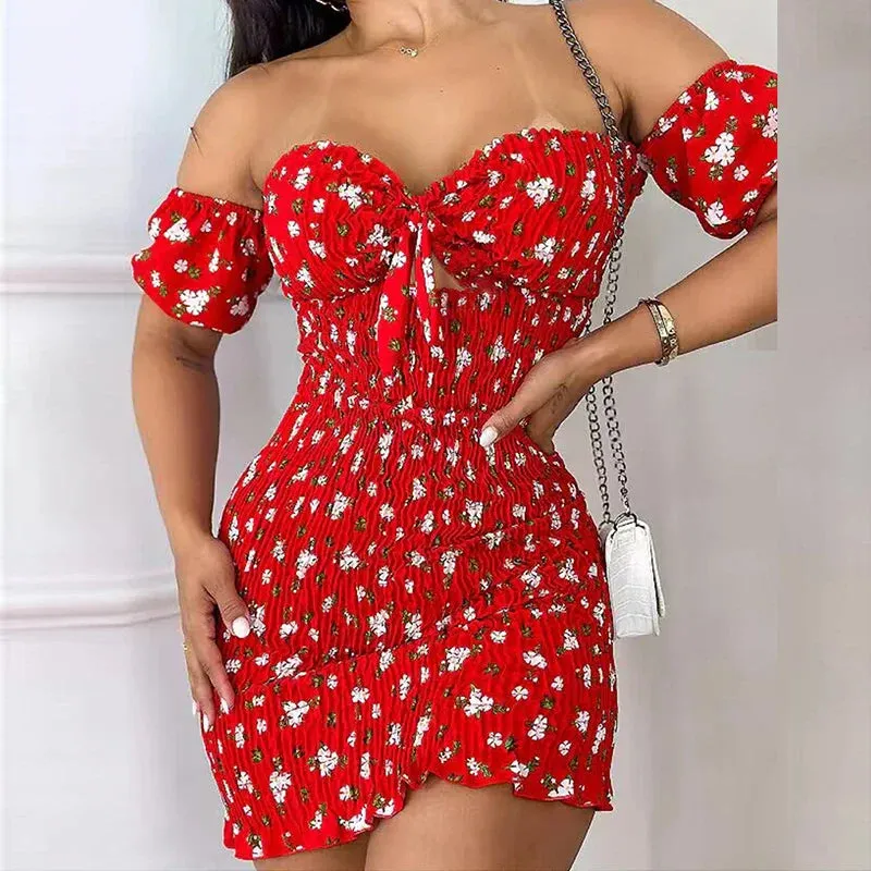Elastic Hollow Mini Chic Short Sexy Summer Short Sleeve Off Shoulder Floral Print Dress