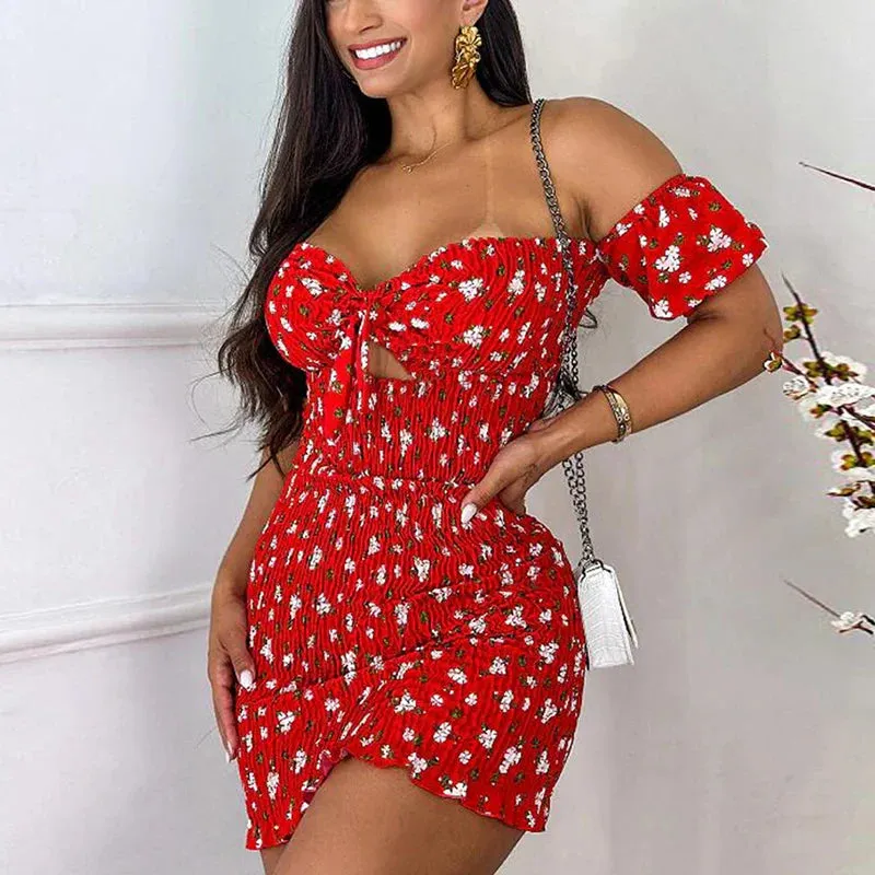Elastic Hollow Mini Chic Short Sexy Summer Short Sleeve Off Shoulder Floral Print Dress