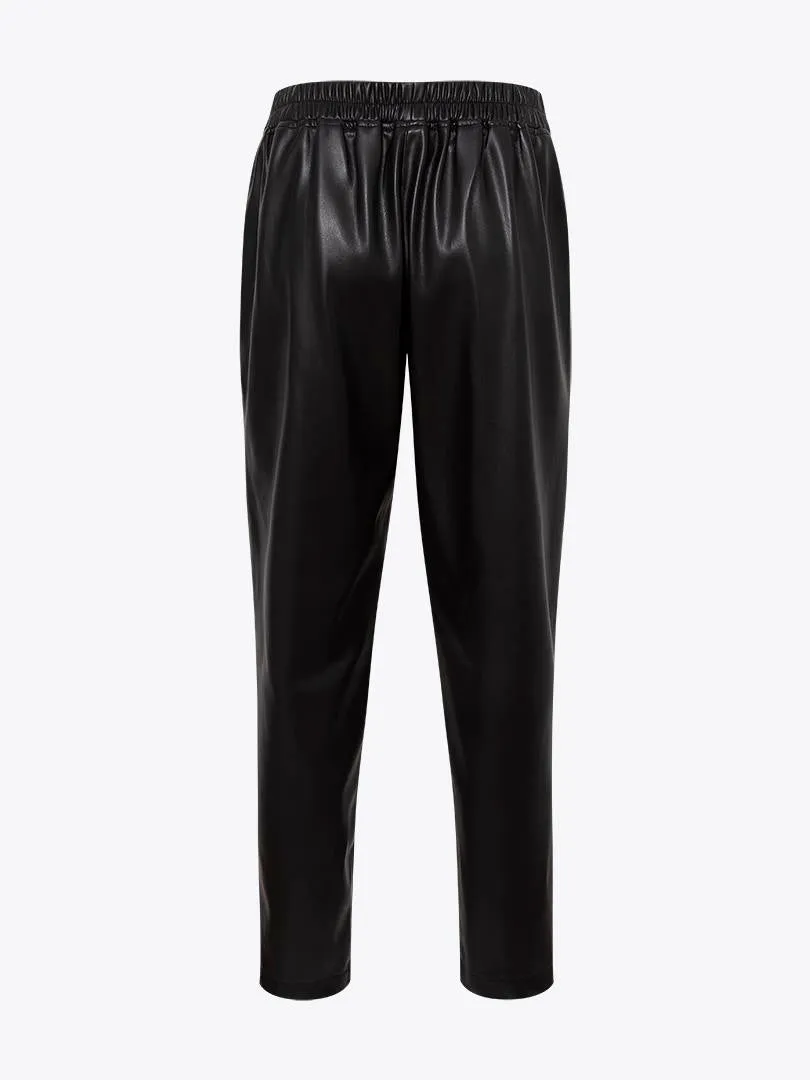 Elastic Waist Pleated Vegan Leather Trousers - Black