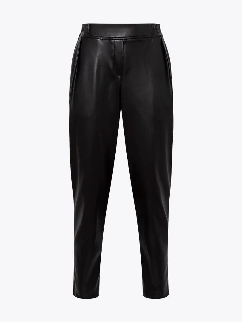 Elastic Waist Pleated Vegan Leather Trousers - Black