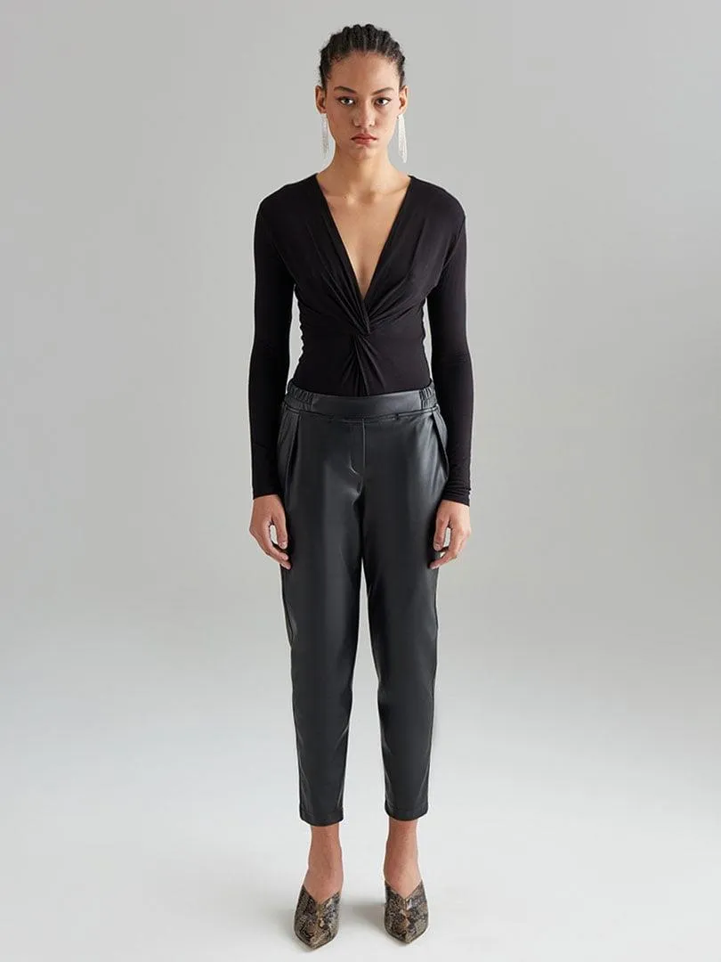Elastic Waist Pleated Vegan Leather Trousers - Black
