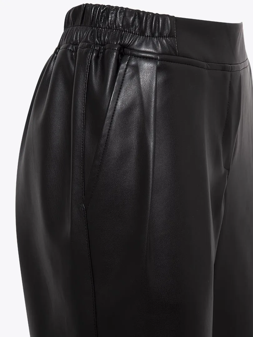 Elastic Waist Pleated Vegan Leather Trousers - Black