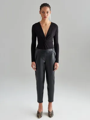 Elastic Waist Pleated Vegan Leather Trousers - Black