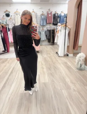 Ella Black Satin Midi Skirt