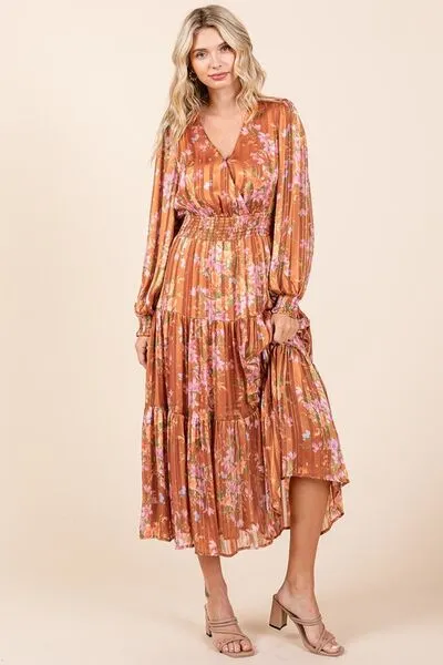 Flower Print Satin Midi Dress