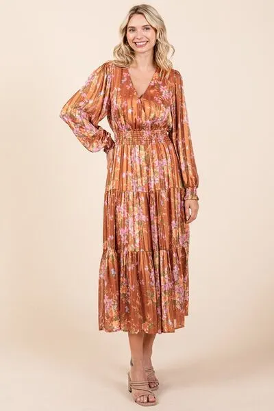 Flower Print Satin Midi Dress