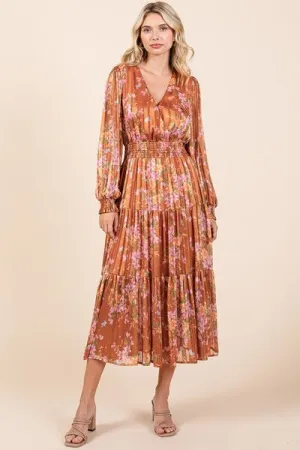 Flower Print Satin Midi Dress