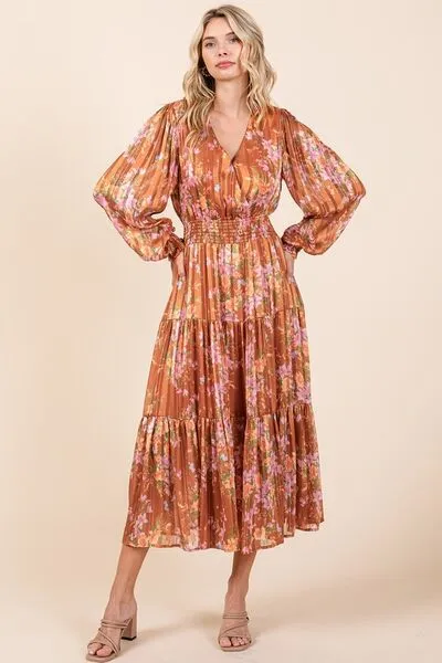 Flower Print Satin Midi Dress