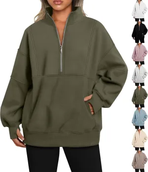 Half Zip Pullover Women Oversized Crewneck Sweatshirts with Pockets Loose Fit Thumb Hole Long Sleeve Sweaters