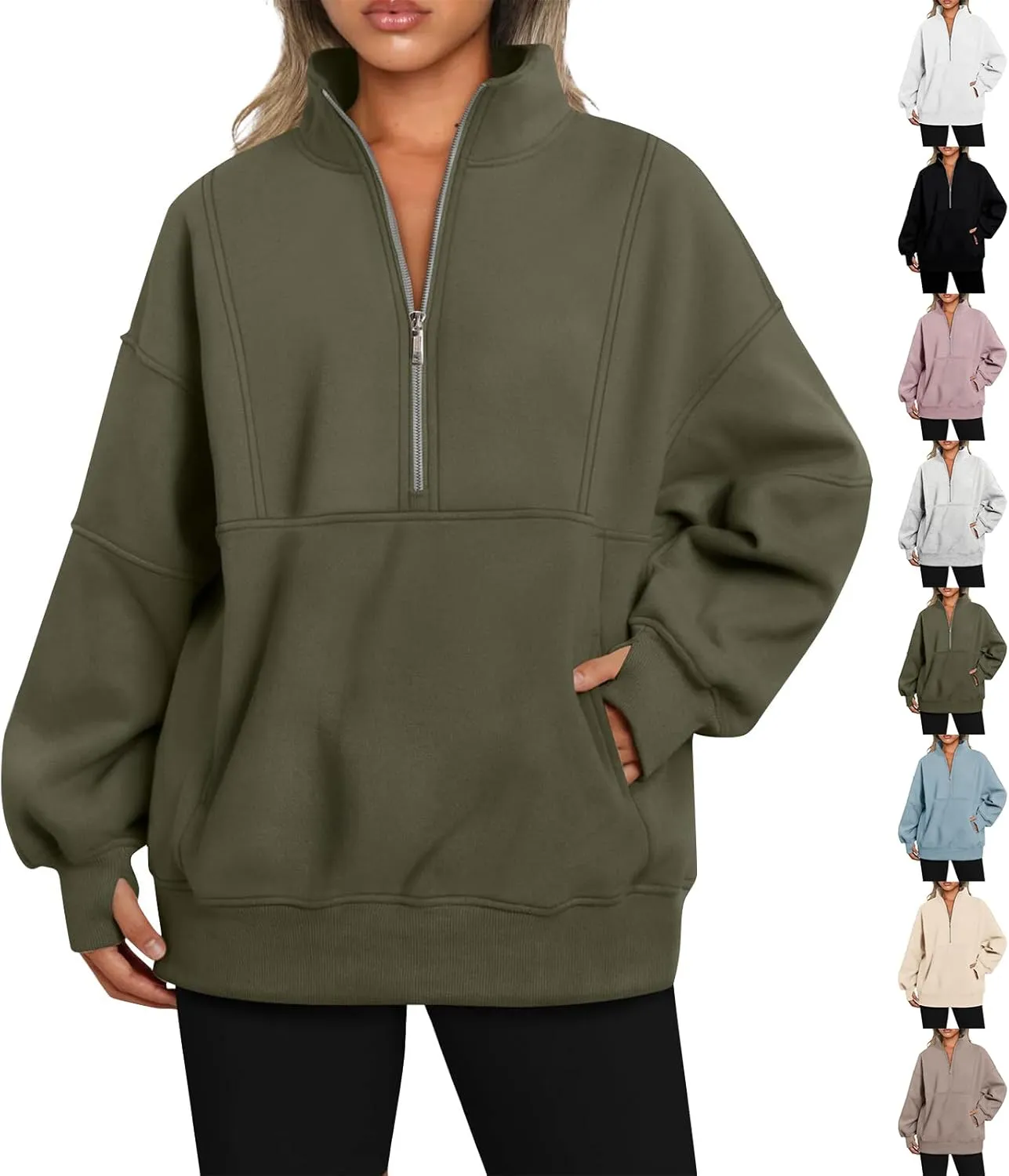 Half Zip Pullover Women Oversized Crewneck Sweatshirts with Pockets Loose Fit Thumb Hole Long Sleeve Sweaters
