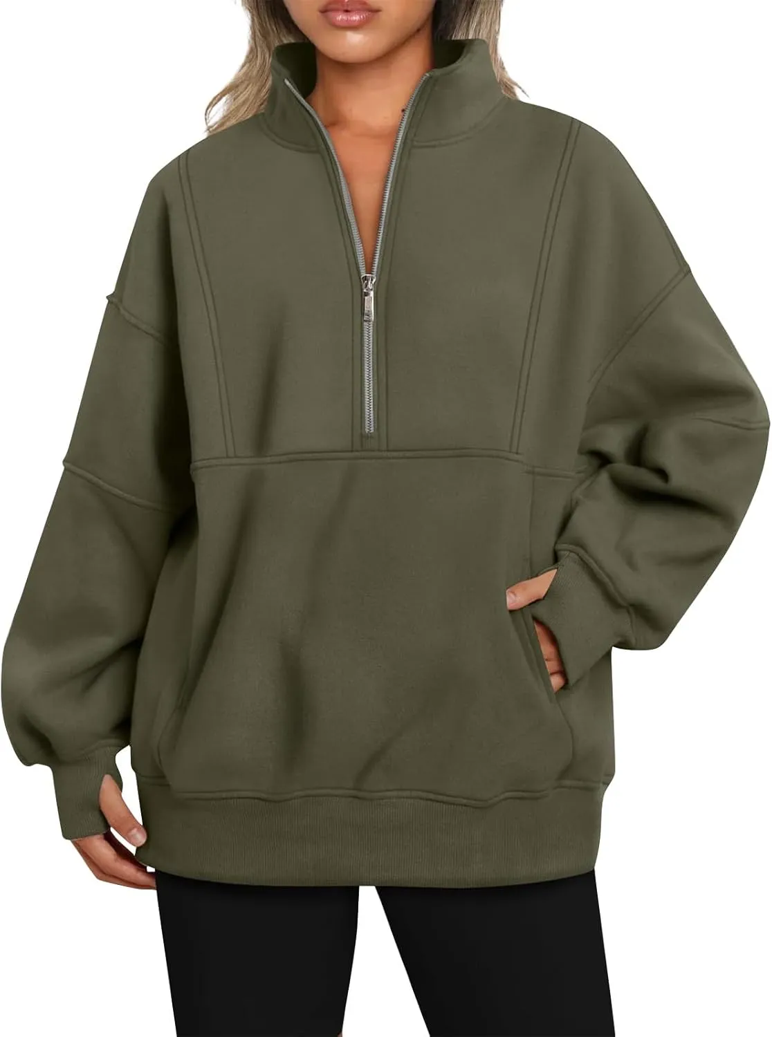 Half Zip Pullover Women Oversized Crewneck Sweatshirts with Pockets Loose Fit Thumb Hole Long Sleeve Sweaters
